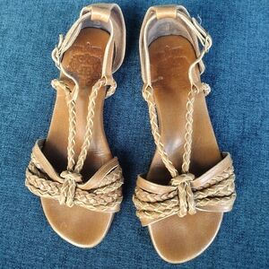 ELF Braided Leather Slides Sandals 8 Brown Leather Handmade Flat Straps